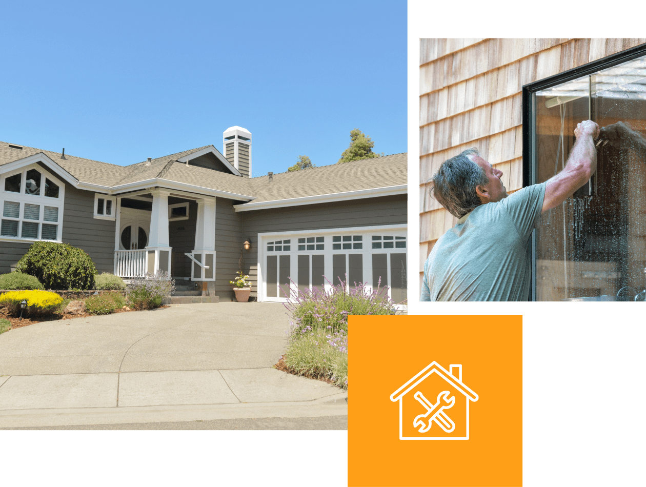 House exterior and man cleaning window.
