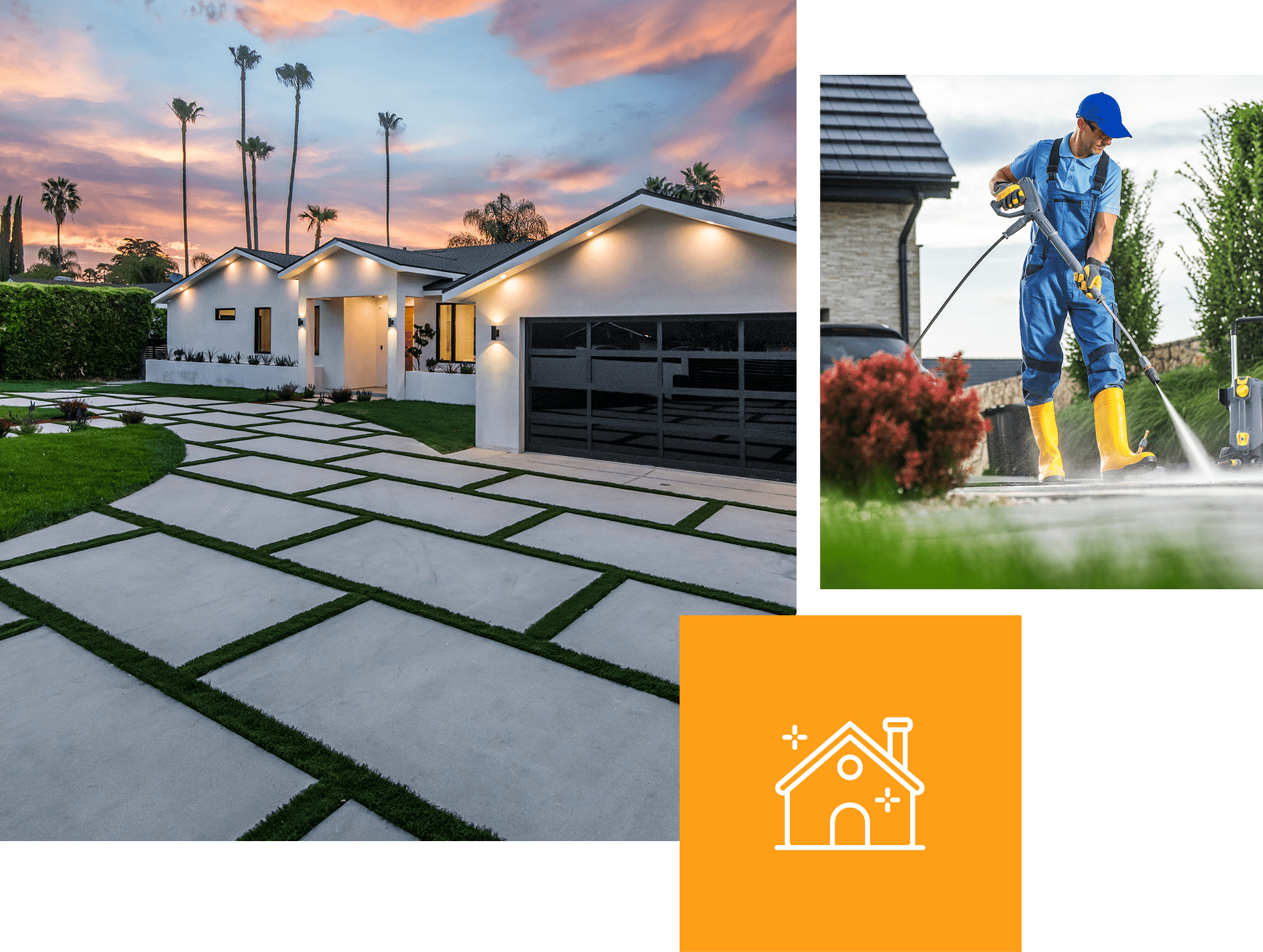 Modern house with driveway, worker cleaning pavement.