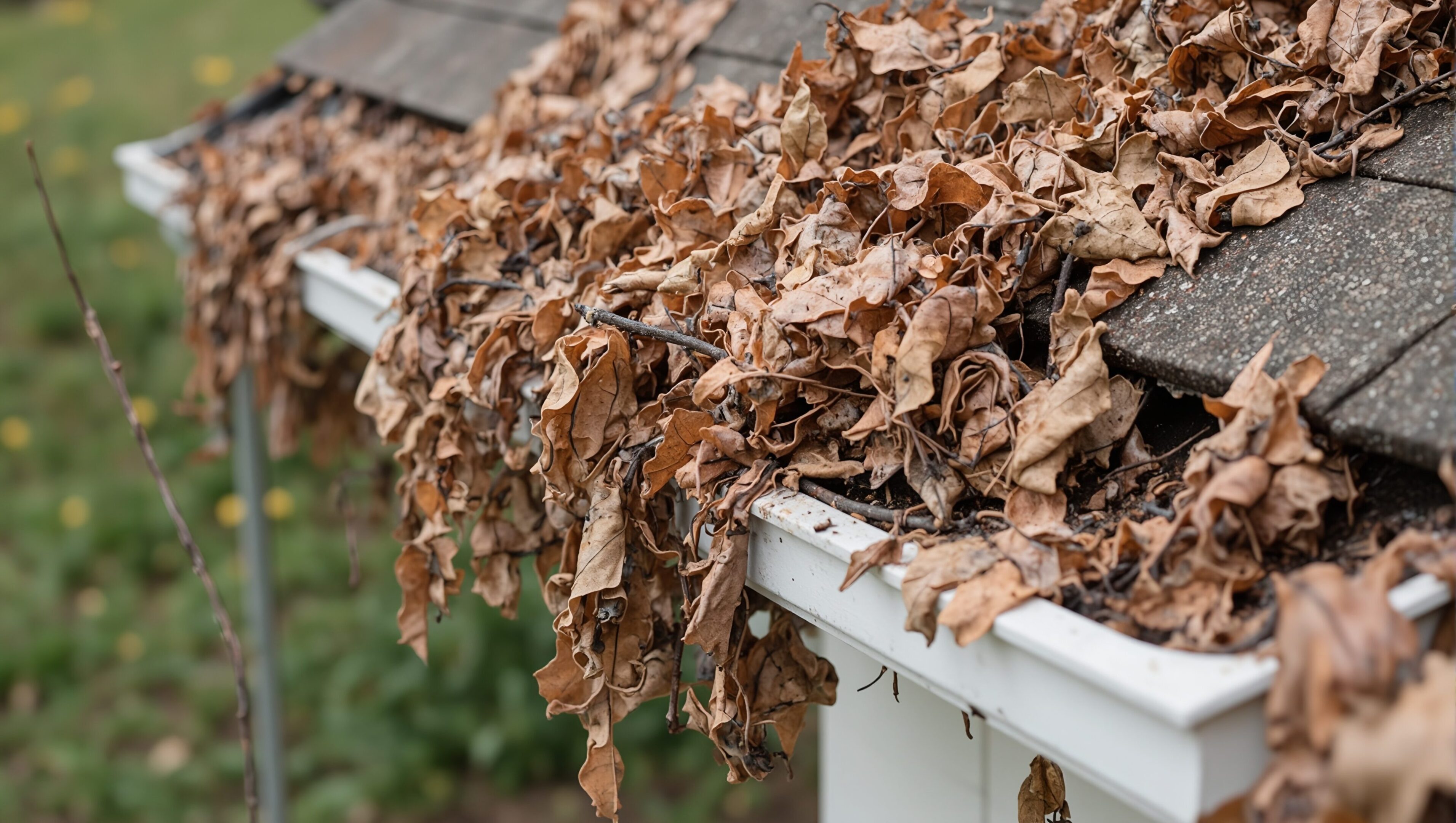 Clogged rain gutter with dry brown leaves overflowing Clogged rain gutter with dry brown leaves overflowing
