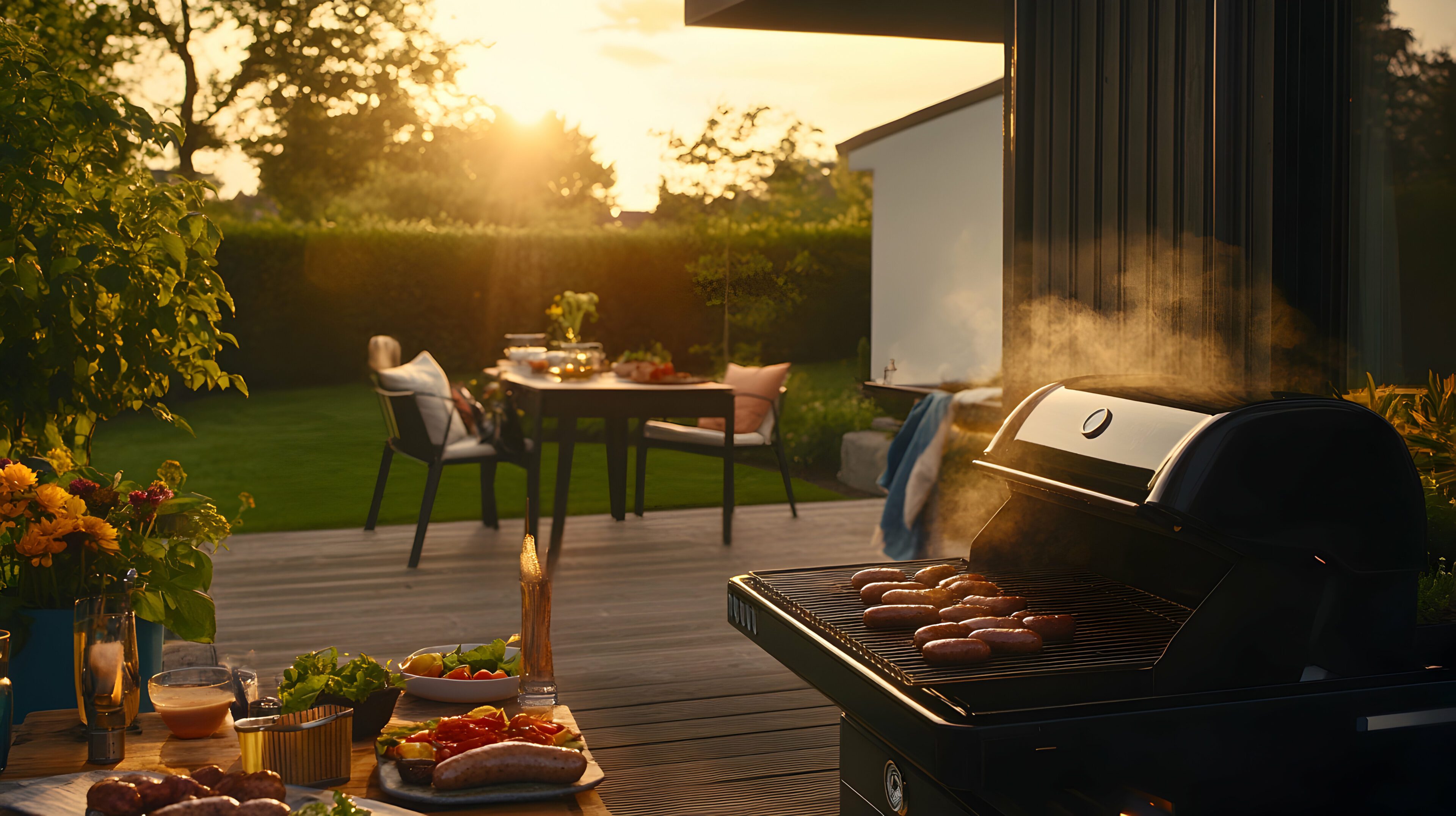Evening barbecue scene with grilled sausages, food, drinks, and a table set on a wooden deck. Warm sunset light. Evening barbecue scene with grilled sausages, food, drinks, and a table set on a wooden deck. Warm sunset light.