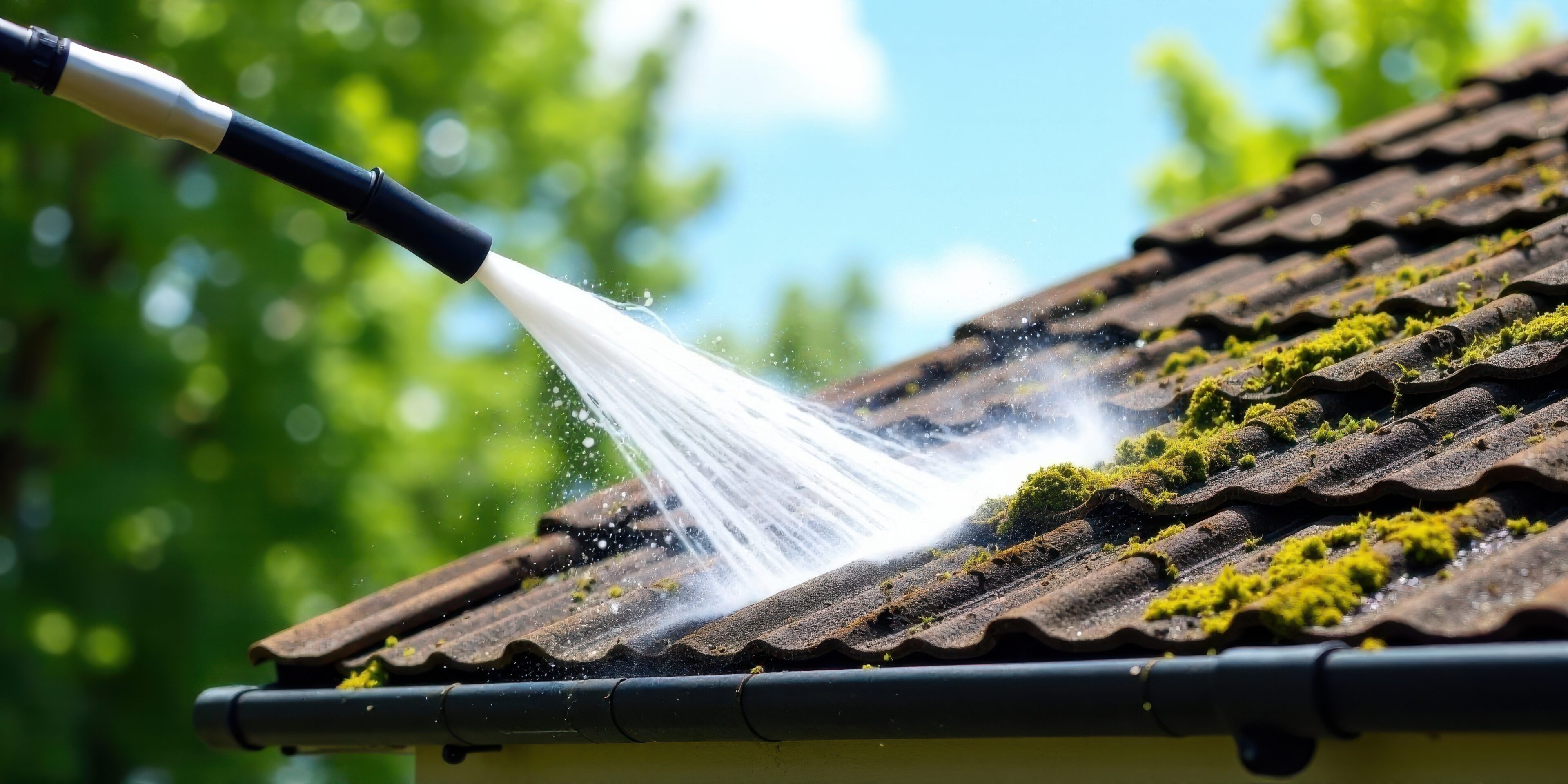 High-pressure water jet cleaning away grime and moss from a residential roof during a bright sunny day
