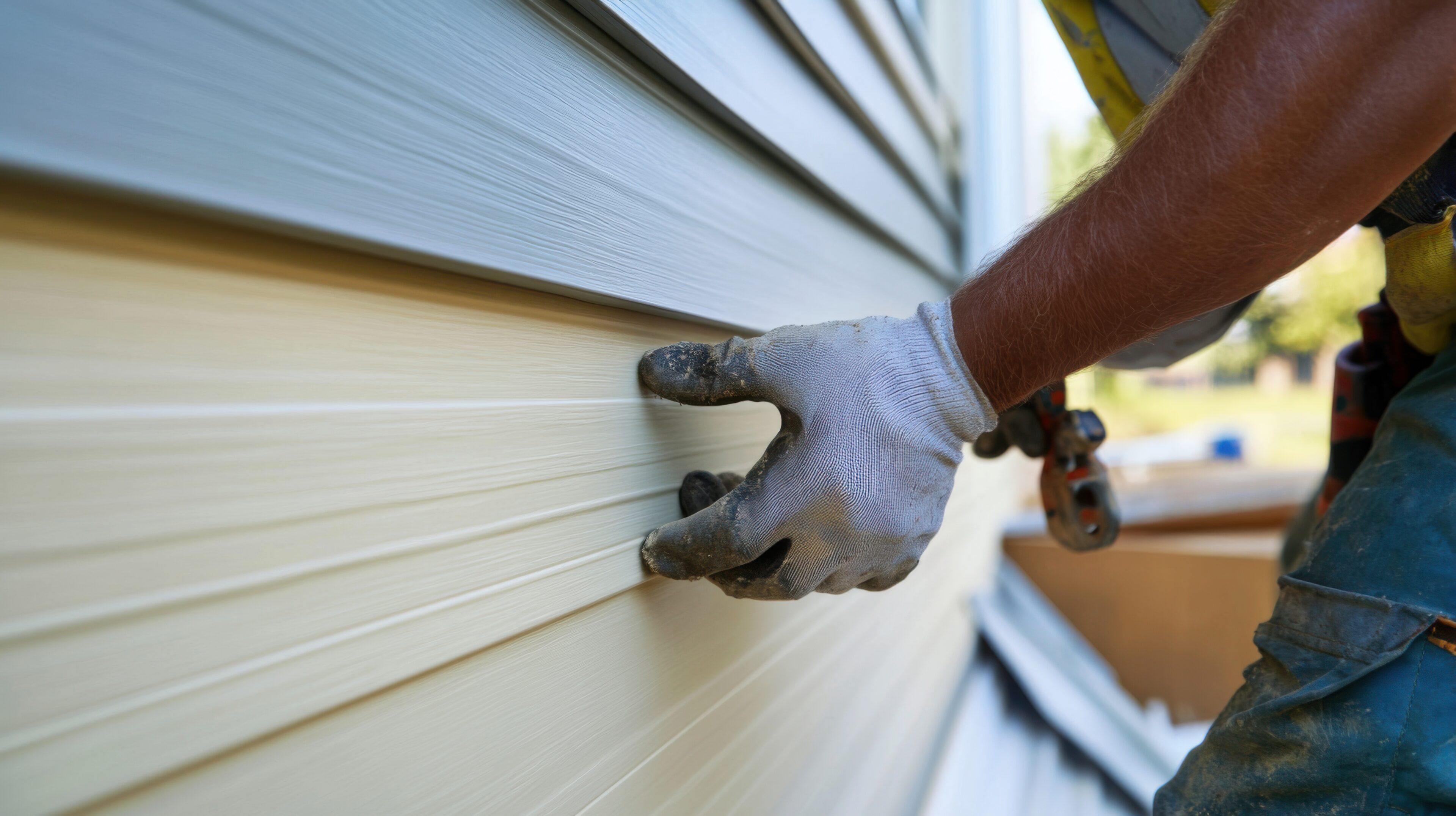 Construction worker installing exterior siding on a new home. Featuring skill and focus Construction worker installing exterior siding on a new home. Featuring skill and focus